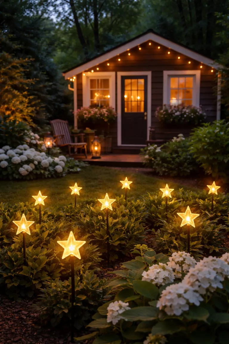 A realistic photo of a typical American home's backyard showing tiny warm yellow solar stakes shaped like stars glowing among dark green shrubs and a small brown wooden cottage.