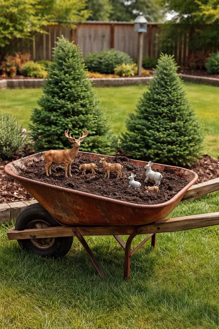 A realistic photo of a typical American home's backyard showing a vintage rusty red wheelbarrow filled with dark soil, green dwarf conifer trees, and small painted plastic animal figurines like deer and rabbits.
