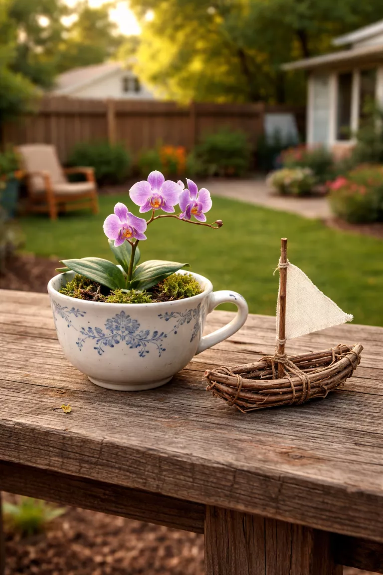 A realistic photo of a typical American home's backyard on a wooden table featuring a chipped white ceramic teacup with blue floral patterns containing a tiny purple orchid and a small brown twig boat.