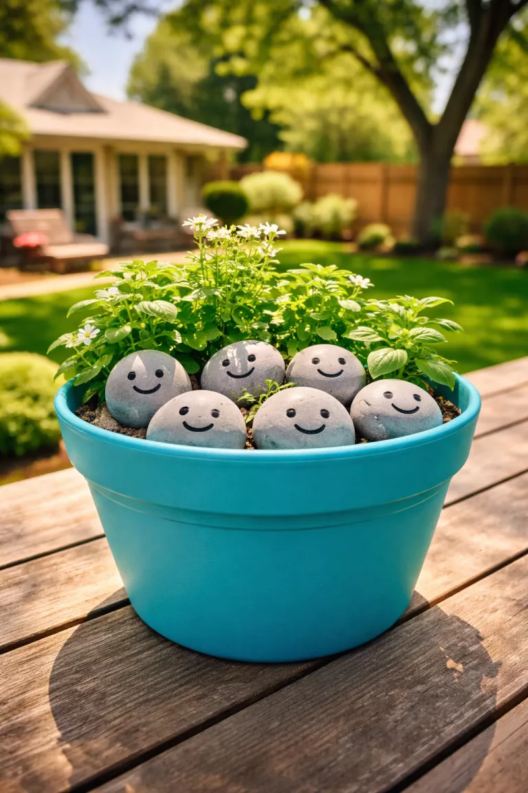 A realistic photo of a typical American home's backyard on a wooden table with a bright plastic teal planter filled with green plants and small hand-painted gray rocks with smiley faces.