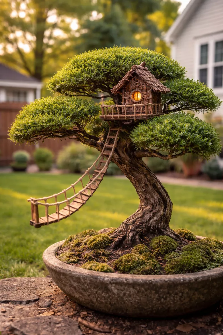 A realistic photo of a typical American home's backyard showing a small green bonsai tree with a tiny brown twig treehouse nestled in its branches and a thin brown rope bridge hanging down.