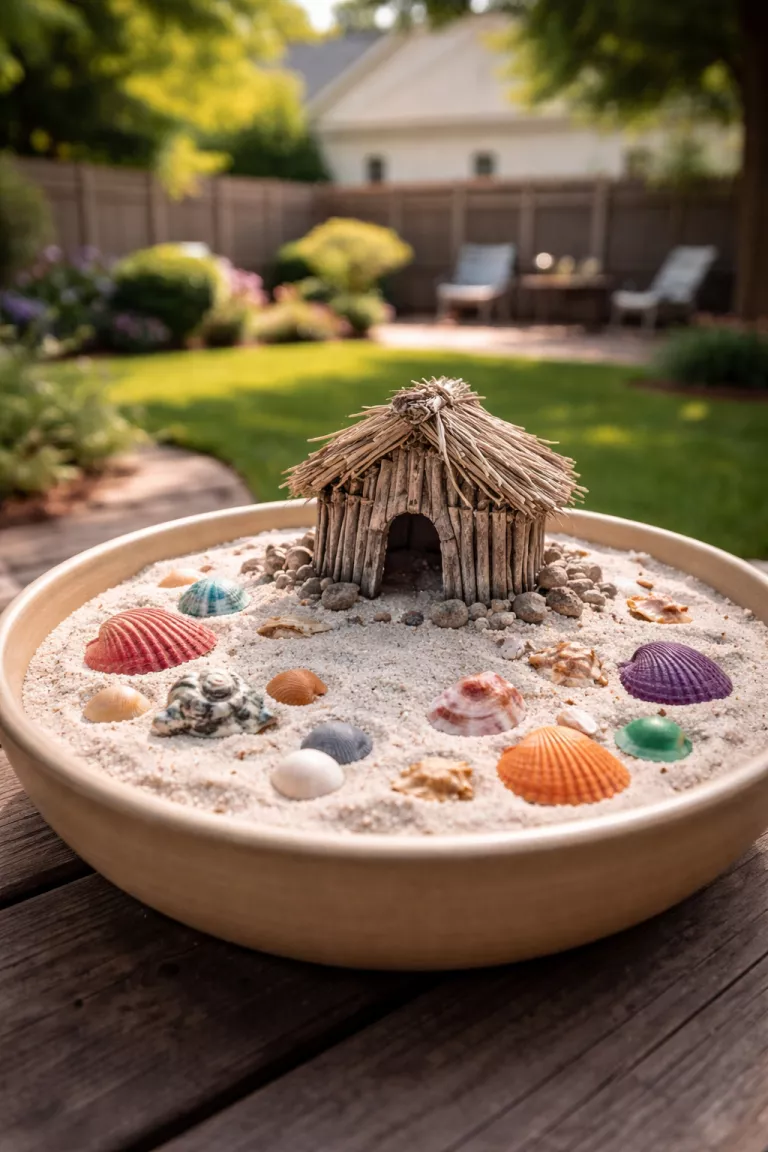 A realistic photo of a typical American home's backyard featuring a shallow tan ceramic bowl filled with white sand, small colorful seashells, and a tiny hut made of weathered gray driftwood.
