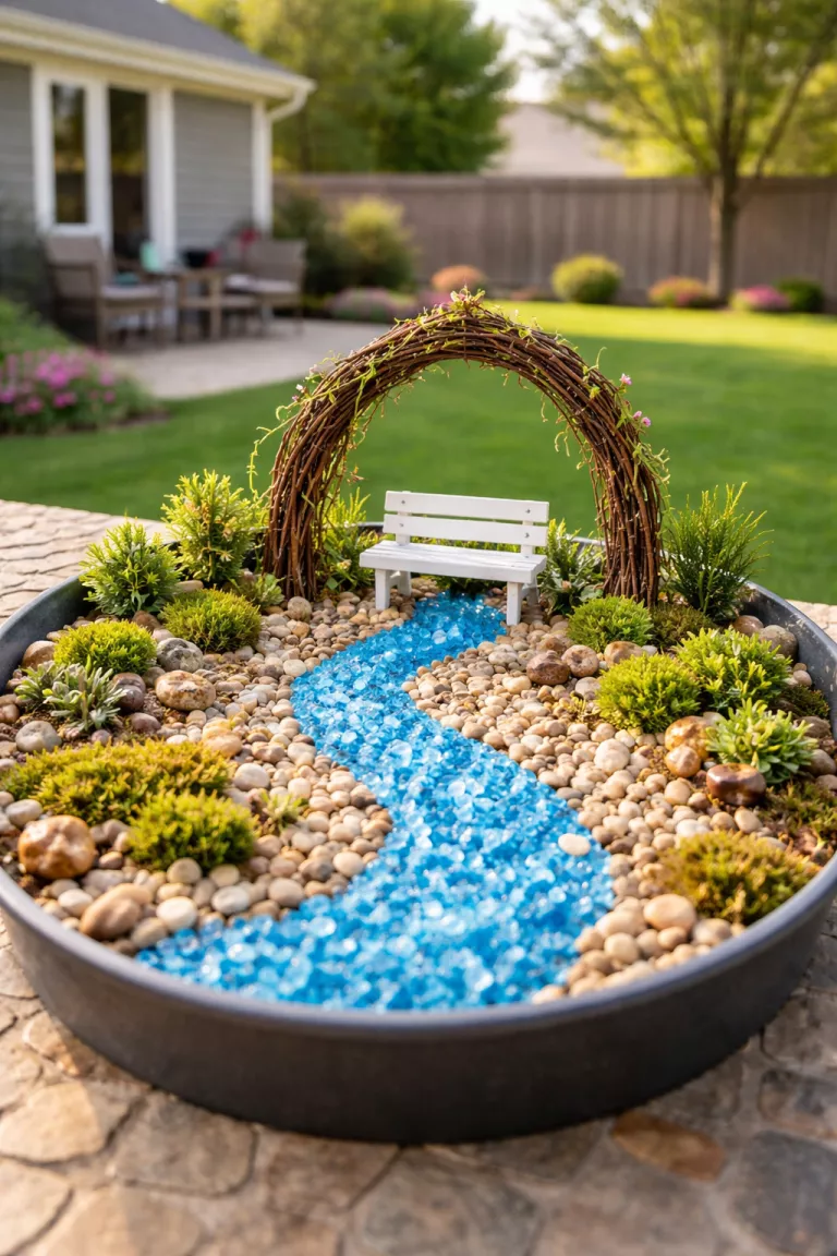 A realistic photo of a typical American home's backyard featuring a flat container with a winding path of blue glass rocks leading to a tiny white wooden bench and a small brown twig arch.