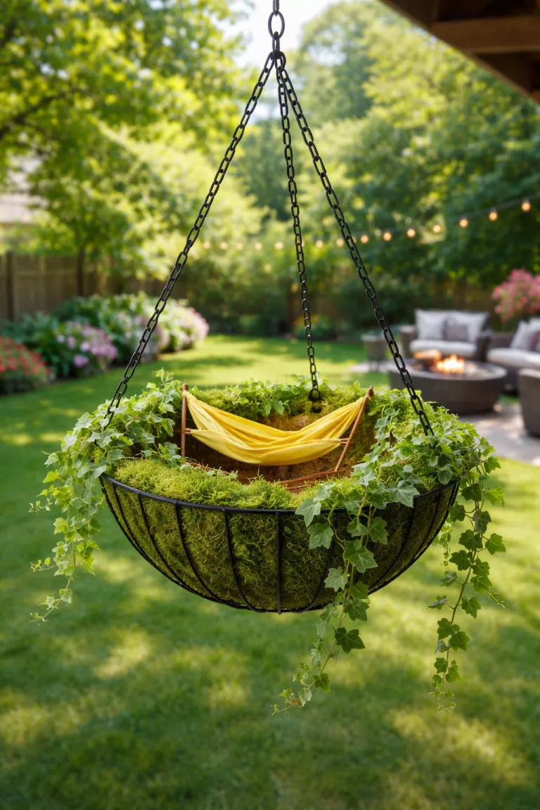 A realistic photo of a typical American home's backyard featuring a black wire hanging basket lined with green moss and filled with trailing green ivy and a tiny yellow hammock.