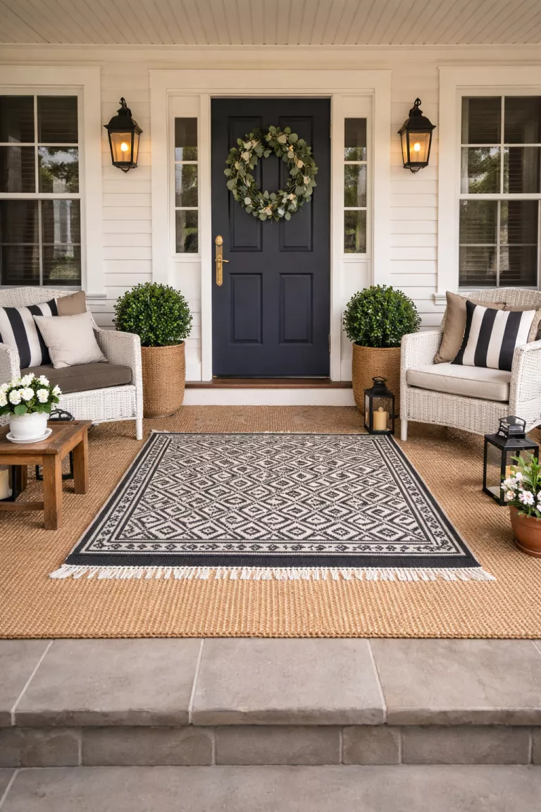 A realistic photo of a typical American home's front porch featuring a large natural tan jute rug layered underneath a smaller black and white patterned outdoor rug.
