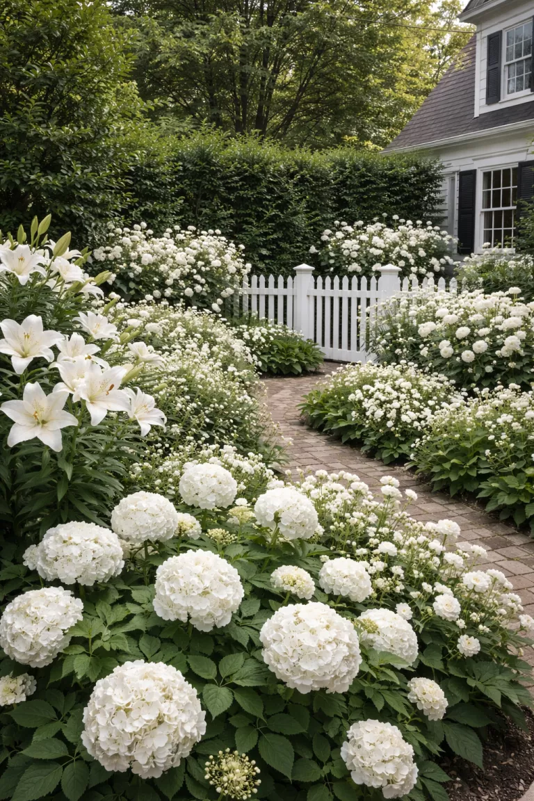 A realistic photo of a traditional American home's backyard garden containing only white flowers including roses, lilies, and hydrangeas against a backdrop of dark green shrubs and a white picket fence.