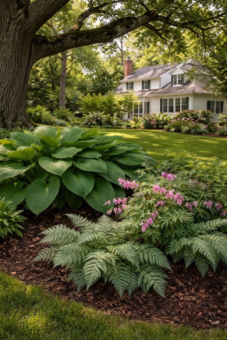 A realistic photo of a traditional American home's backyard under a large oak tree, featuring giant green hostas, delicate pink bleeding hearts, and feathery silver ferns growing in a bed of dark organic mulch.