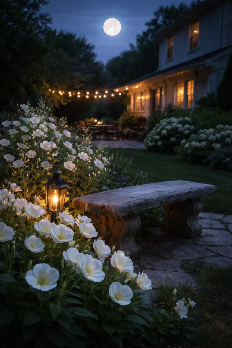 A realistic photo of a traditional American home's backyard at twilight with white evening primrose and fragrant white nicotine flowers glowing under the light of a full moon next to a stone bench.