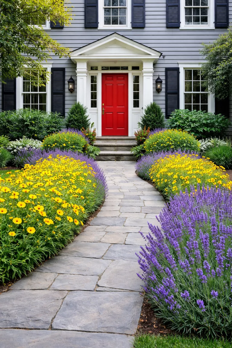 A realistic photo of a traditional American home's front yard with a perfectly manicured walkway lined with blooming yellow coreopsis and purple lavender, leading to a bright red front door.