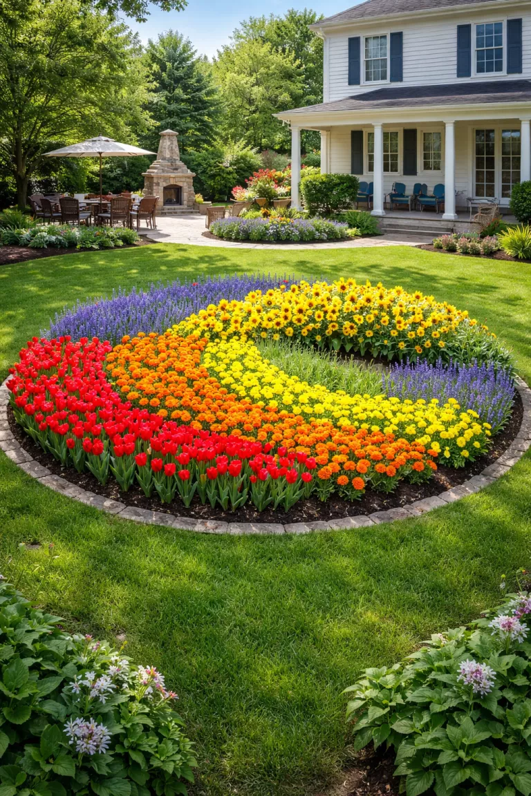 A realistic photo of a traditional American home's backyard featuring a large circular garden bed divided into sections of red tulips, orange marigolds, yellow sunflowers, and blue salvia to form a perfect rainbow.