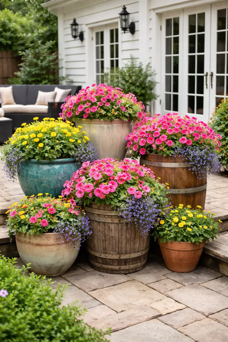 A realistic photo of a traditional American home's backyard patio featuring a group of mismatched ceramic pots and wooden barrels overflowing with pink petunias, yellow zinnias, and trailing blue lobelia arranged at varying heights.