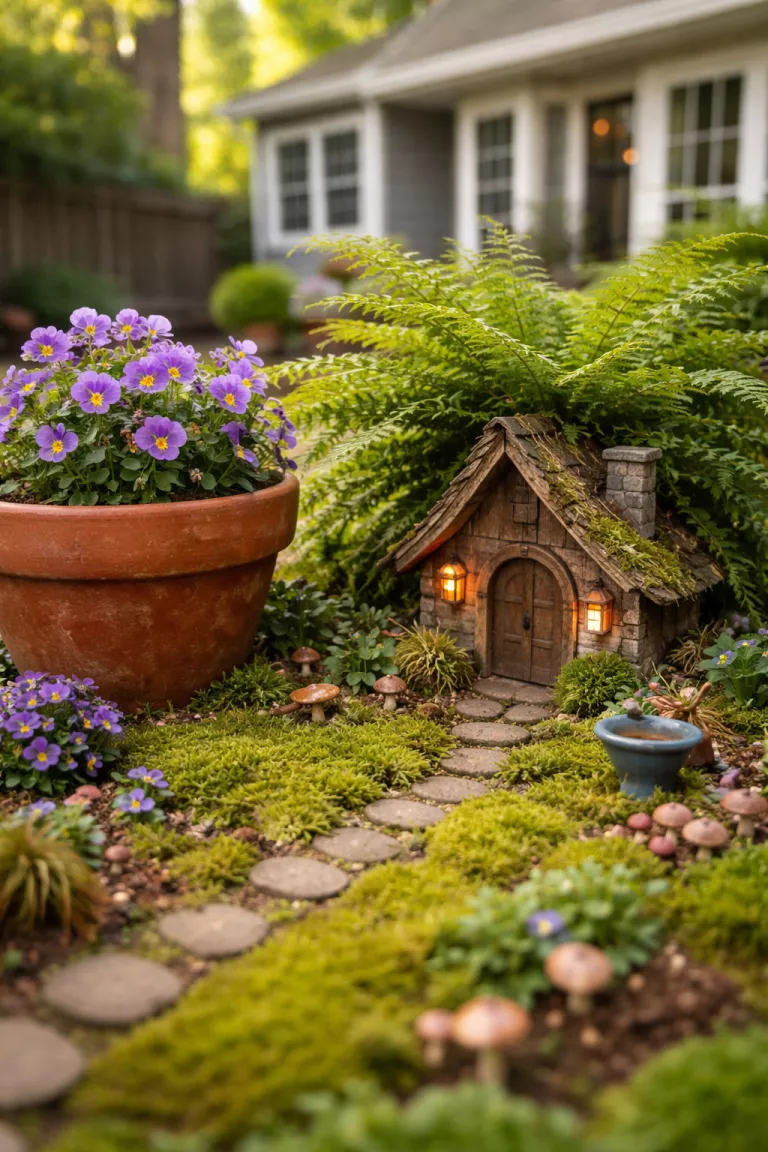 A realistic photo of a traditional American home's backyard showing a large terracotta pot filled with tiny purple violas, miniature moss paths, and a small wooden gnome house tucked under a miniature fern.