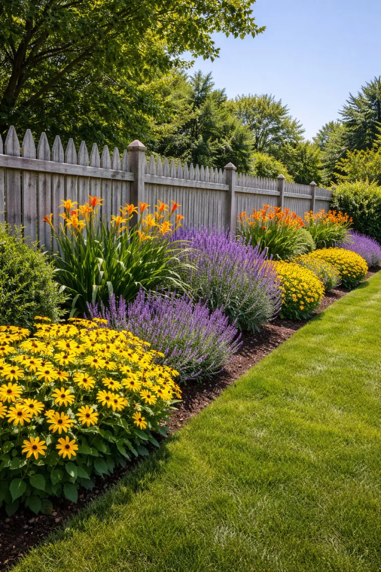 A realistic photo of a traditional American home's backyard fence lined with a thick border of yellow black-eyed Susans, purple lavender, and tall daylilies arranged in repeating groups under a clear blue sky.