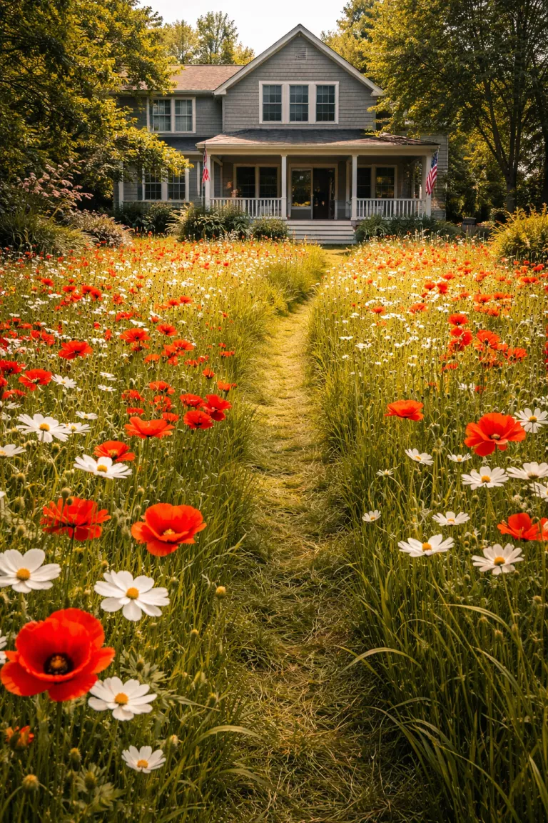 A realistic photo of a traditional American home's backyard transformed into a vast meadow of red poppies and white cosmos swaying in the breeze, with a narrow mowed path leading through the tall swaying grass.