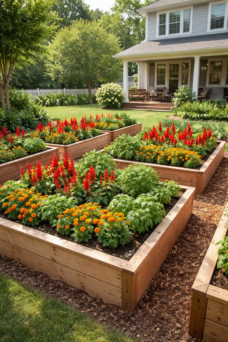 A realistic photo of a traditional American home's backyard with several cedar raised garden beds containing neat rows of red salvias and orange marigolds mixed with green leafy herbs like basil and parsley.