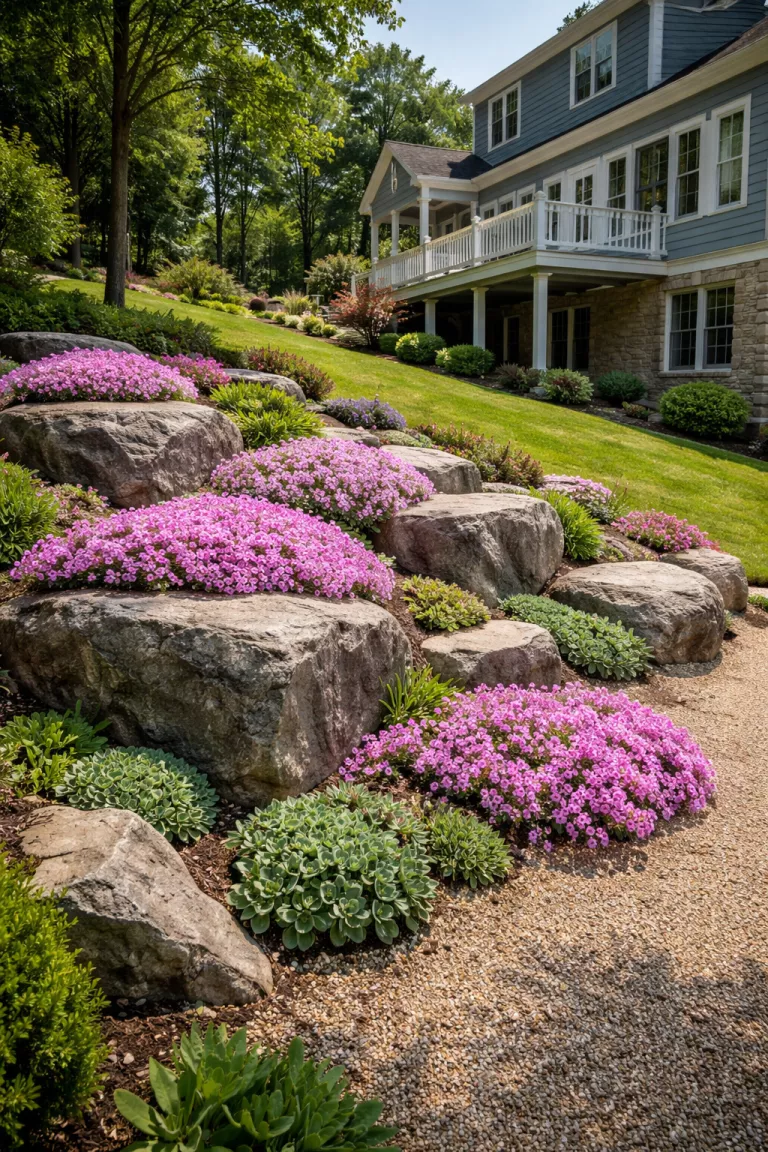 A realistic photo of a traditional American home's backyard on a sloped hill, featuring large grey boulders nestled among pink creeping phlox and low-growing green succulents in a bed of fine gravel.