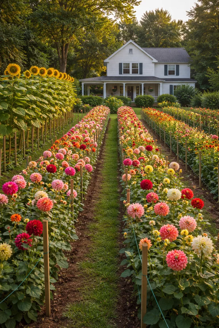 A realistic photo of a traditional American home's backyard with long organized rows of colorful dahlias and tall sunflowers supported by green garden twine and wooden stakes for easy harvesting.