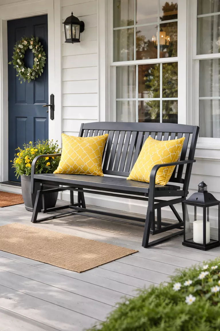 A realistic photo of a typical American home's front porch featuring a dark gray metal glider bench with a smooth sliding mechanism and yellow patterned throw pillows and a black metal lantern on the floor.