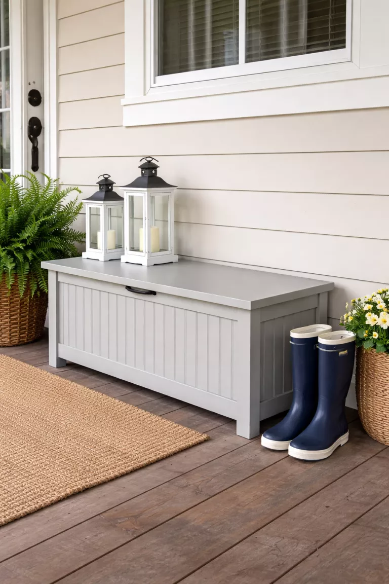 A realistic photo of a typical American home's front porch featuring a light gray wood storage bench with a lift top seat and two decorative white lanterns on top and a pair of rain boots sitting on the floor next to it.