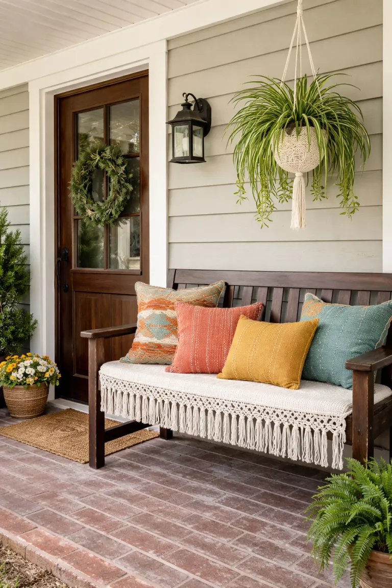 A realistic photo of a typical American home's front porch featuring a dark wood bench with a seat covered in white macrame fringe and several colorful woven pillows and a hanging spider plant.