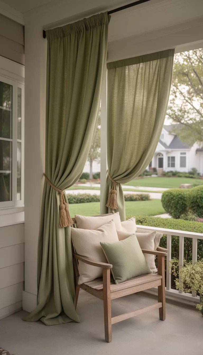 A realistic photo of a typical American home's front porch with soft olive green curtains tied back with hemp rope, and several beige and sage green pillows on a wooden chair.