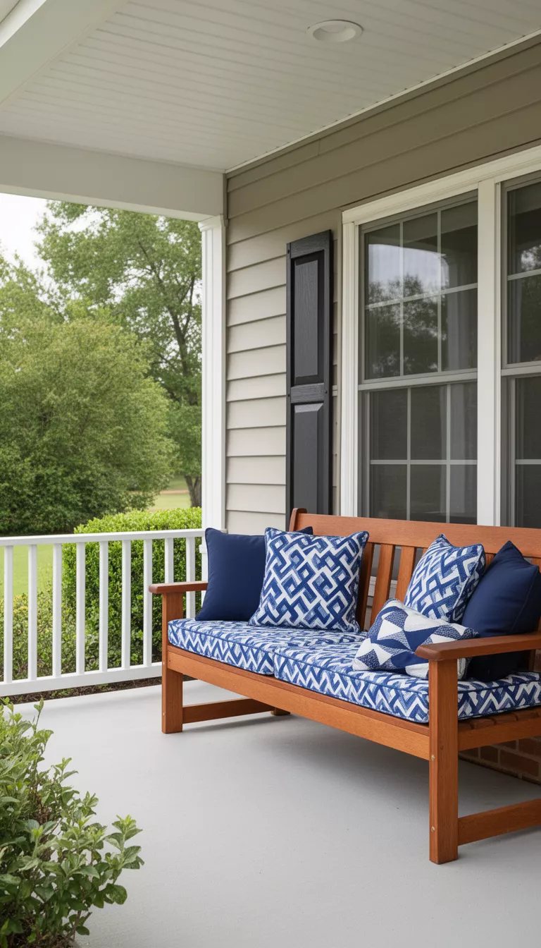 A realistic photo of a typical American home's front porch featuring a wooden bench topped with blue and white geometric patterned performance cushions and a few solid navy throw pillows.