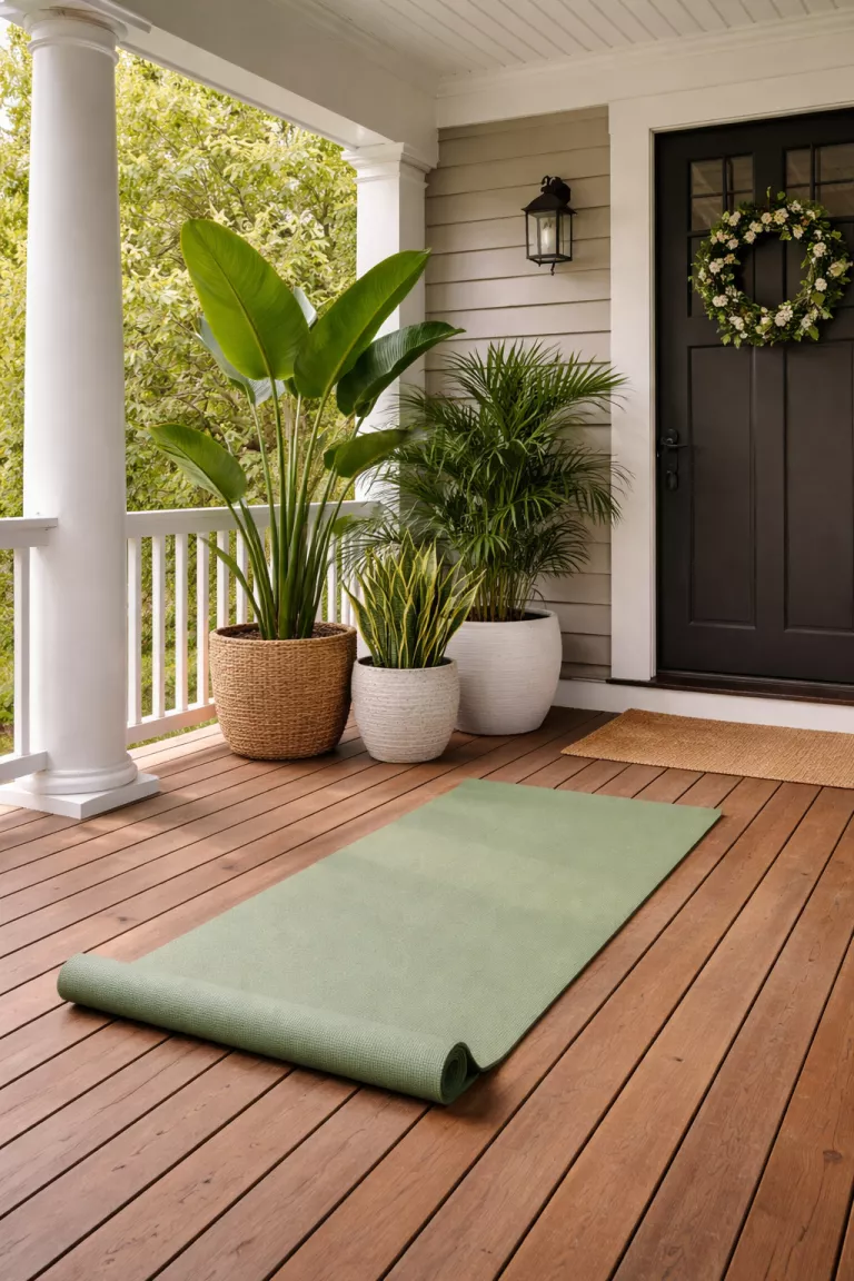 A realistic photo of a typical American home's front porch featuring a sage green yoga mat rolled out on a clean wooden deck next to three large potted tropical plants in a shaded corner.