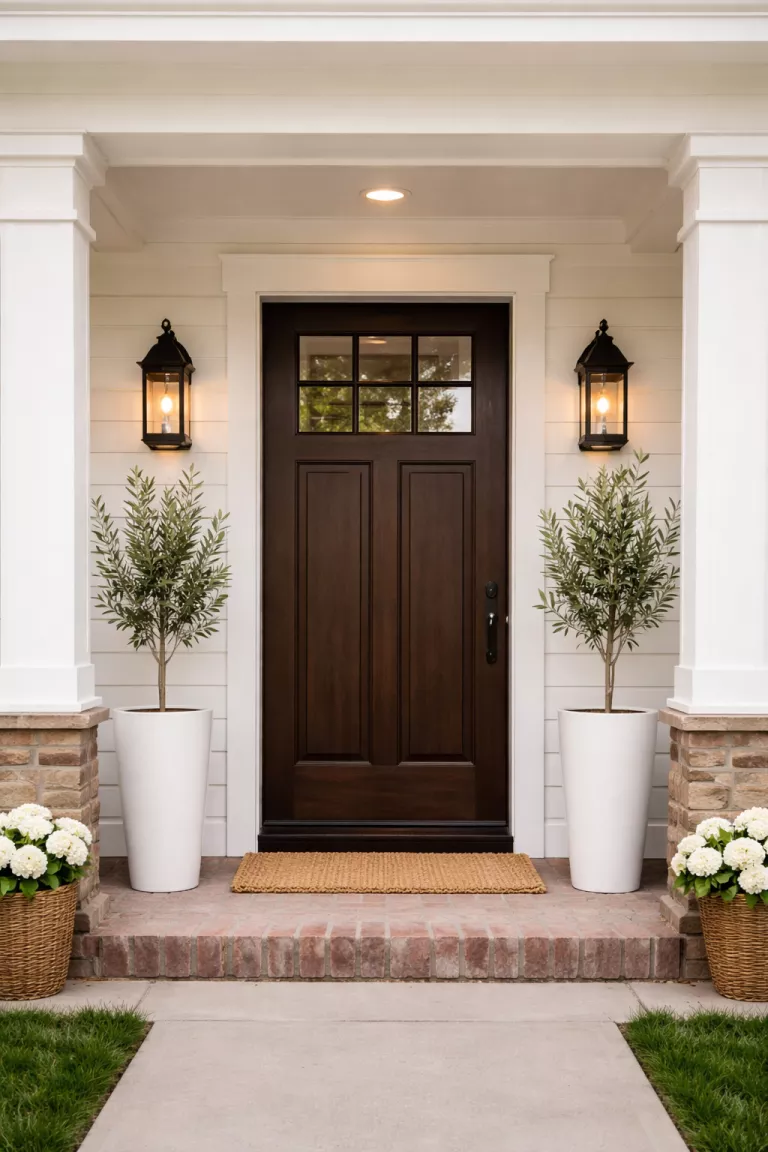 A realistic photo of a typical American home's front porch with two tall slender white planters containing small olive trees placed on either side of a dark wood door.
