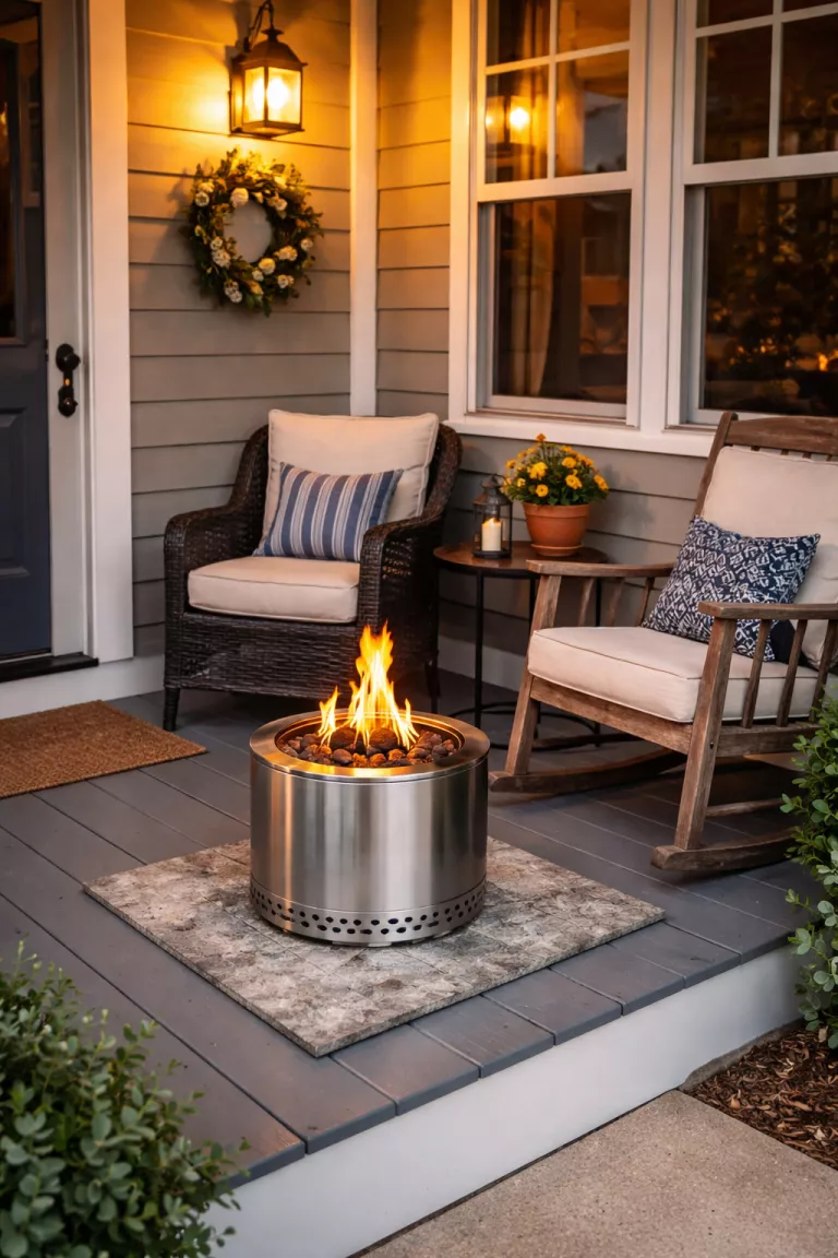 A realistic photo of a typical American home's front porch featuring a small silver stainless steel portable gas fire pit sitting on a stone heat mat in a corner, with two chairs nearby.