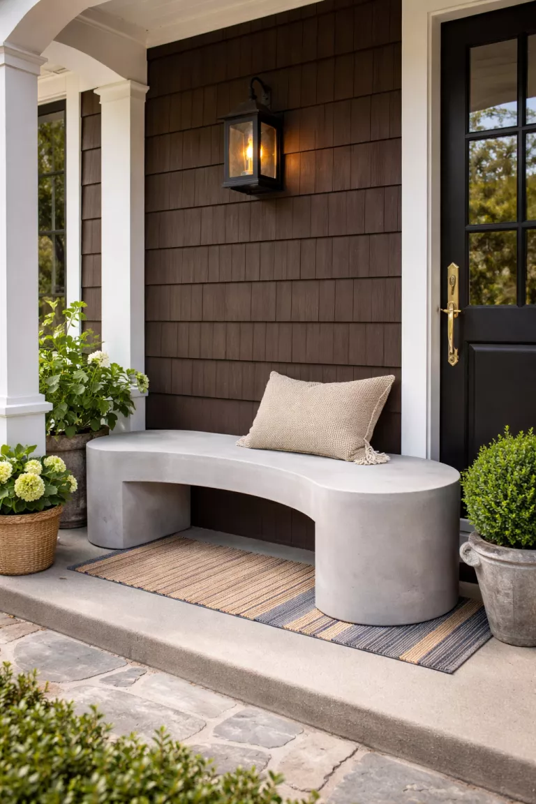A realistic photo of a typical American home's front porch featuring a sleek light grey curved concrete bench, decorated with a single beige outdoor throw, set against a dark wood wall.