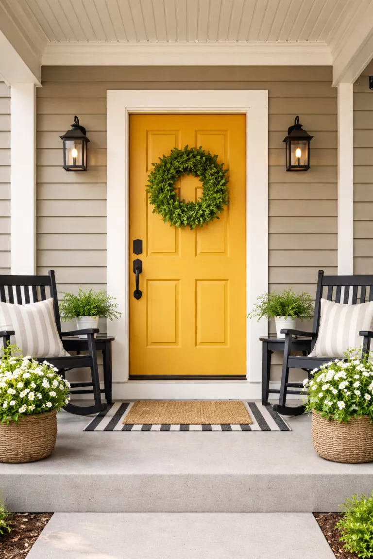 A realistic photo of a typical American home's front porch focusing on a vibrant mustard yellow front door with matte black hardware, surrounded by beige siding and a simple green wreath.