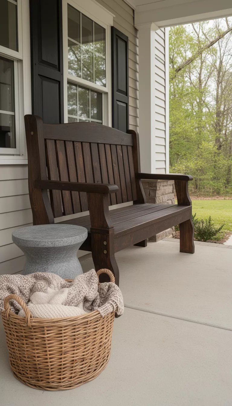 A realistic photo of a typical American home's front porch featuring a dark stained wooden bench, a grey stone side table, and a natural rattan basket filled with blankets.