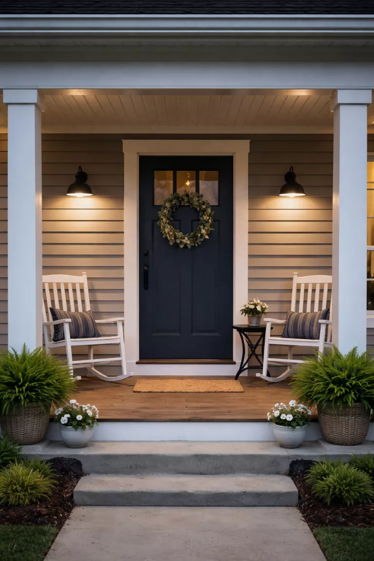 A realistic photo of a typical American home's front porch with black top-shielded lanterns that direct light only down toward the porch floor.