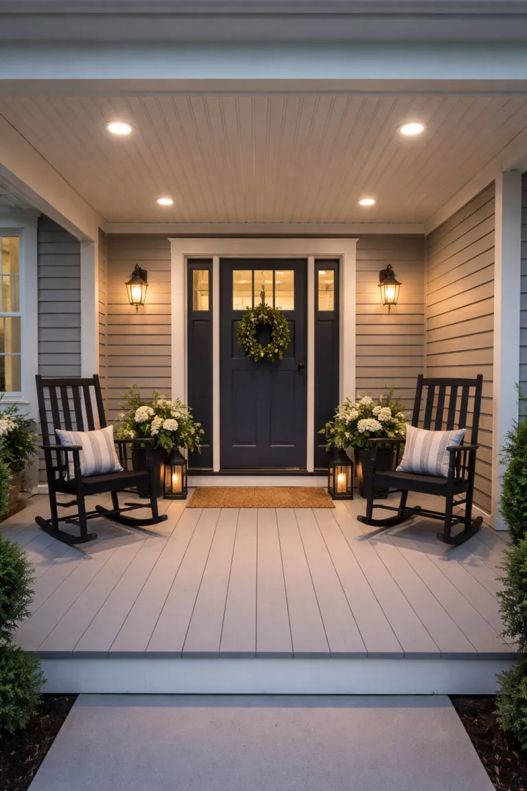 A realistic photo of a typical American home's front porch showing four small recessed ceiling lights casting clean pools of light onto a modern gray porch floor.