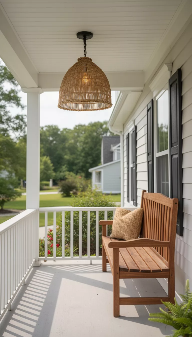 A realistic photo of a typical American home's front porch with a hanging light fixture featuring a rustic tan rattan shade over a wooden bench.