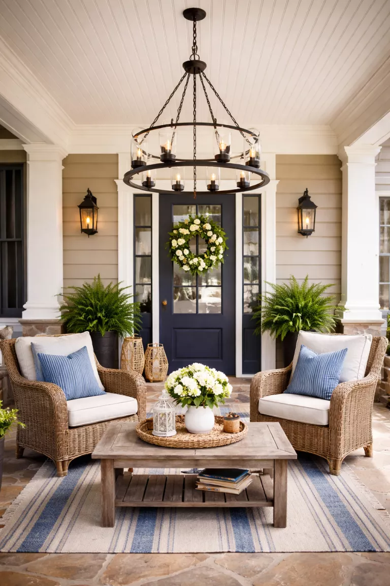 A realistic photo of a typical American home's front porch showcasing a large black tiered metal chandelier hanging over a set of outdoor chairs.