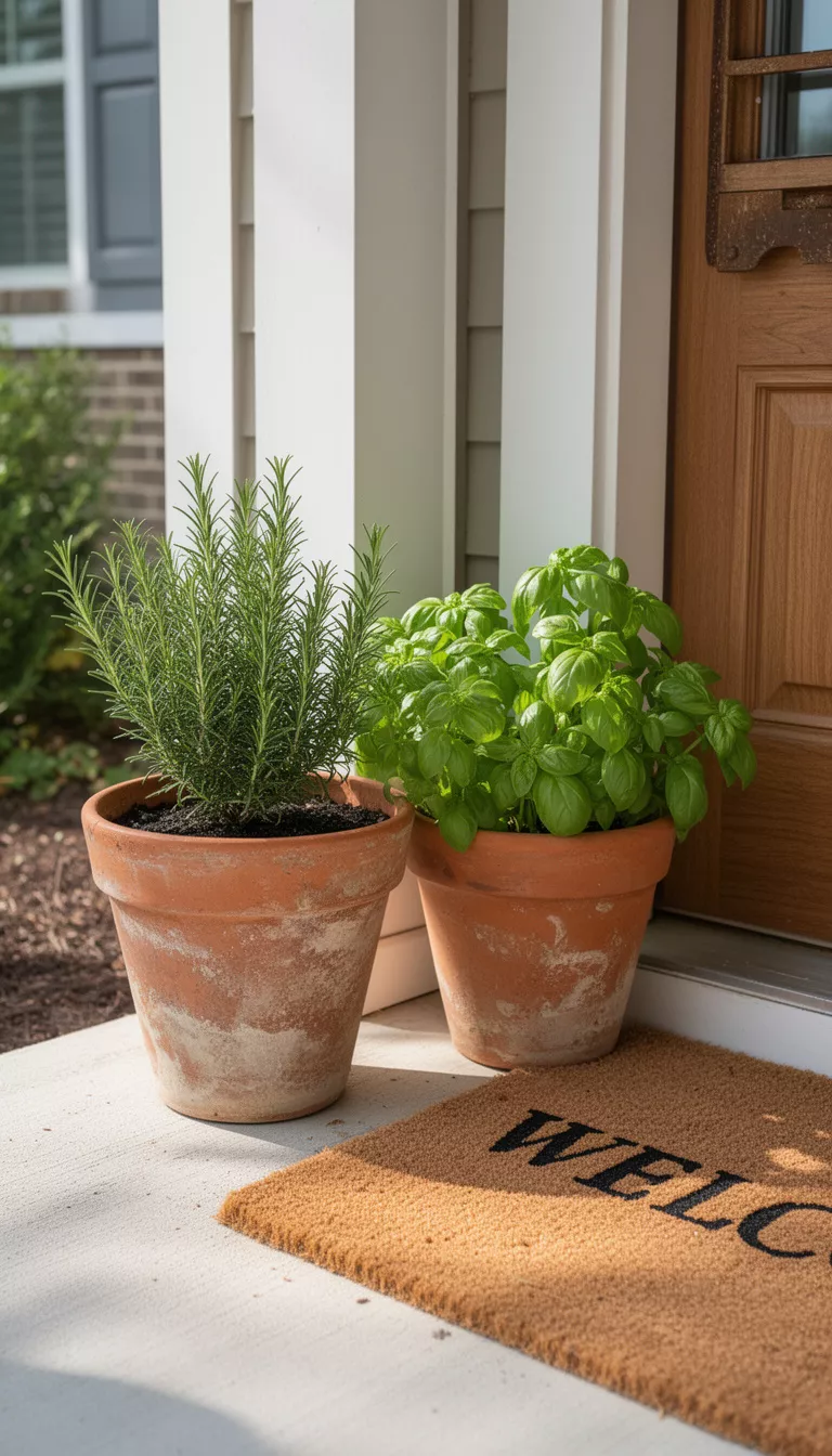 A realistic photo of a typical American home's front porch with weathered terracotta pots containing green rosemary and basil plants next to a welcome mat.