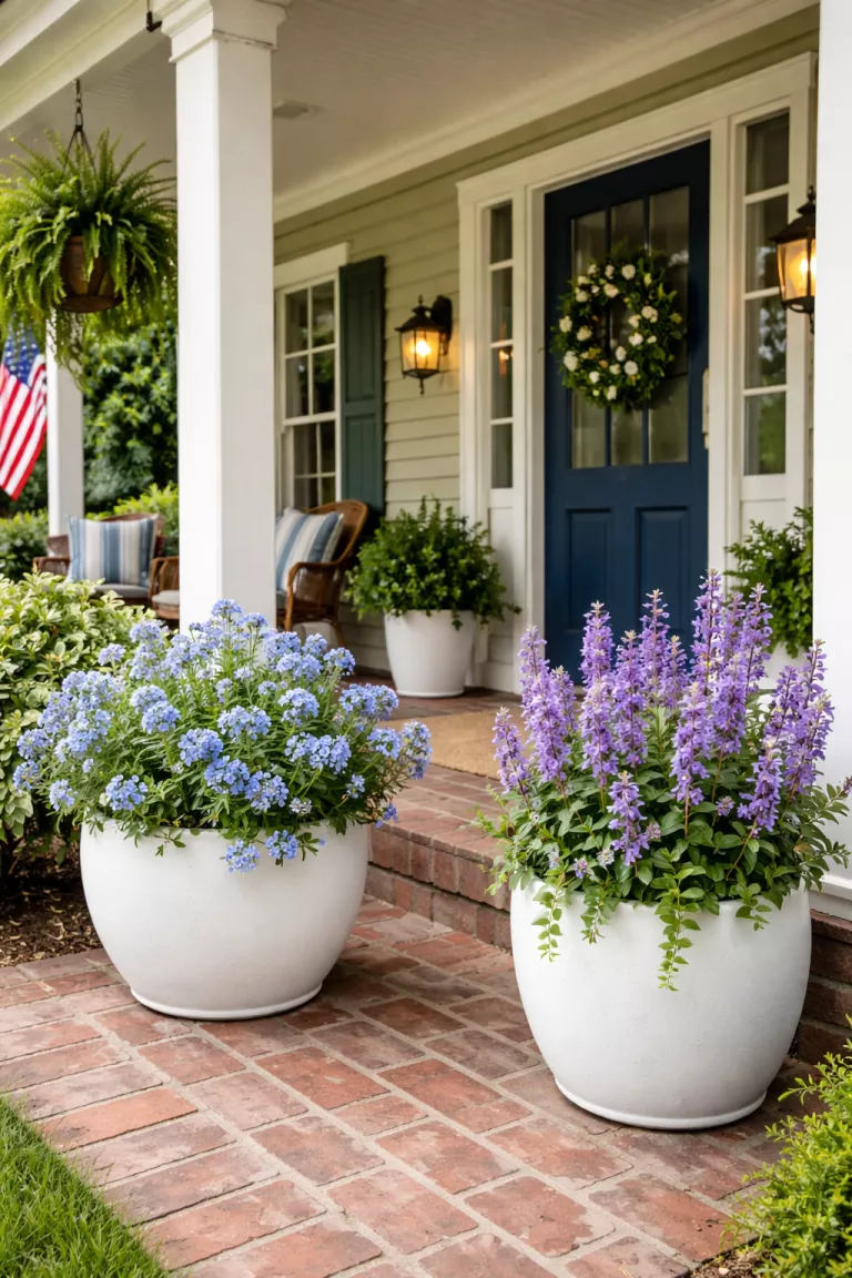 A realistic photo of a typical American home's front porch with white ceramic pots containing blue plumbago and purple angelonia.