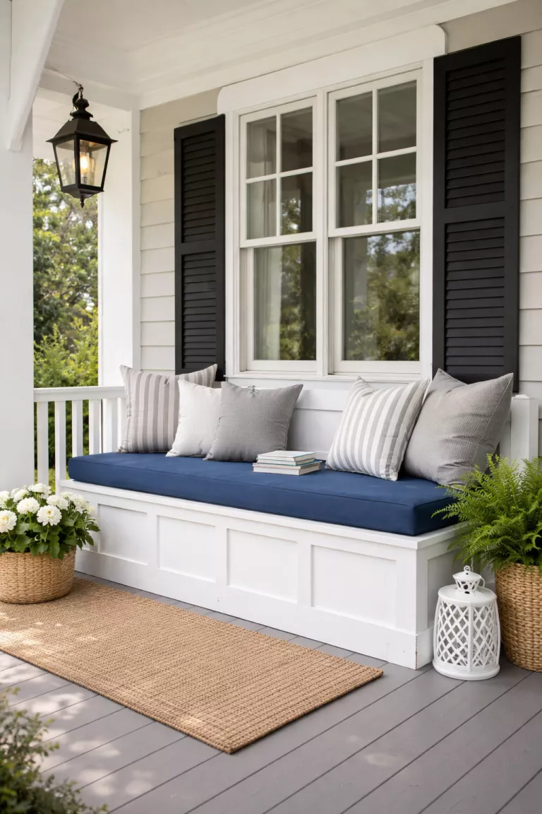 A realistic photo of a typical American home's front porch featuring a white wooden built-in bench under a window with a thick navy blue cushion, several gray and white striped throw pillows, and a stack of books on the seat.