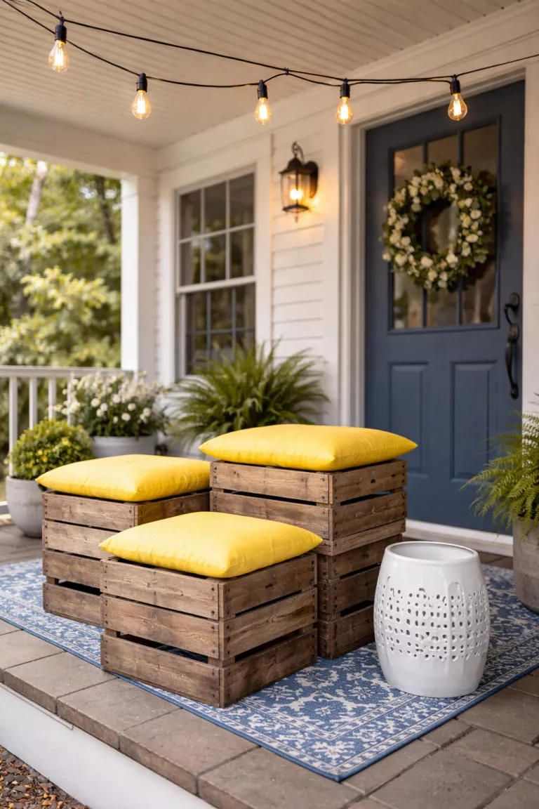 A realistic photo of a typical American home's front porch showcasing three rustic wooden crates stacked to form stools with bright yellow cushions on top, a small white ceramic garden stool nearby, and a string of Edison bulbs overhead.