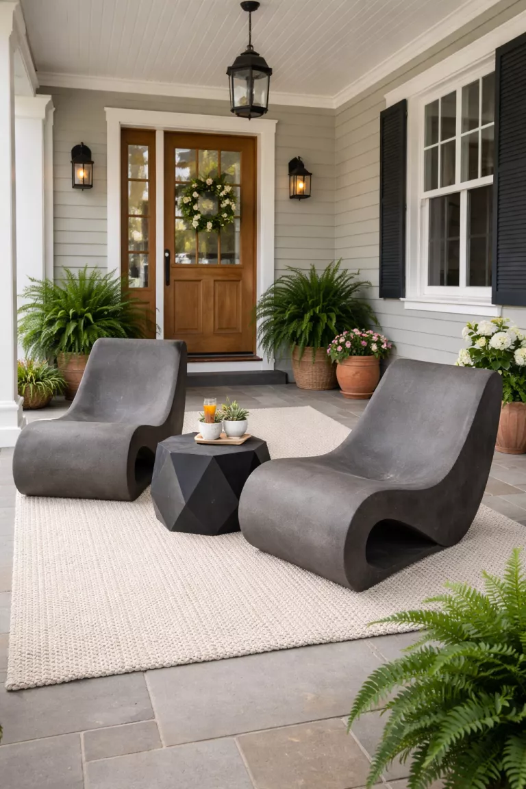 A realistic photo of a typical American home's front porch featuring two sculptural dark gray concrete lounge chairs, a geometric black metal side table, and a thick textured cream outdoor rug.