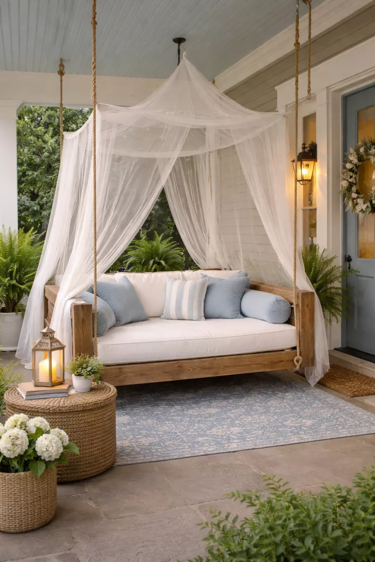 A realistic photo of a typical American home's front porch featuring a large wooden daybed with white cushions, several light blue bolster pillows, a white mosquito net draped over the top, and a side table with a candle.