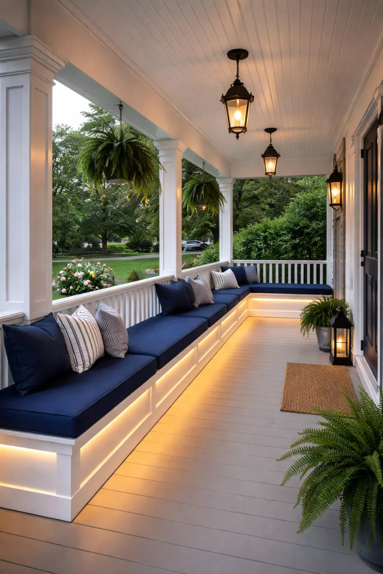 A realistic photo of a typical American home's front porch featuring custom white wooden built-in benches along the railing, long navy blue seat pads, and integrated LED lighting strips tucked under the bench lip.