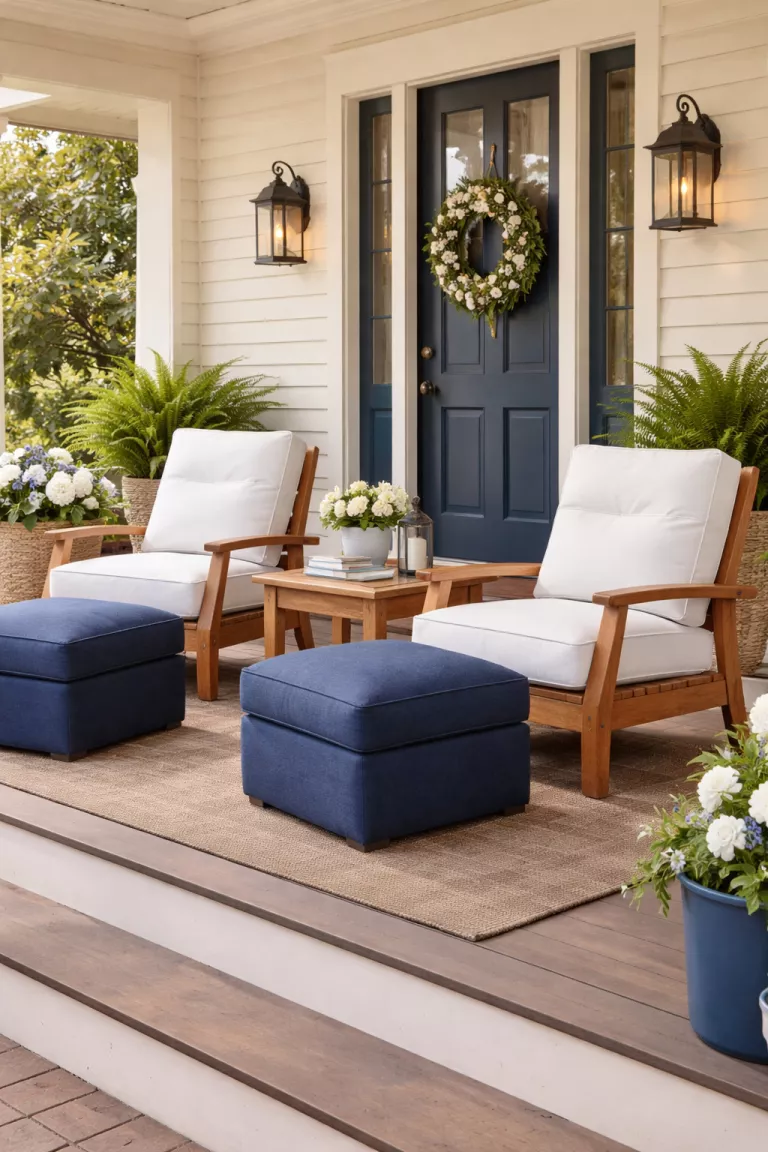 A realistic photo of a typical American home's front porch featuring two teak lounge chairs with extra thick white cushions, two navy blue ottomans, and a small wooden table between them.