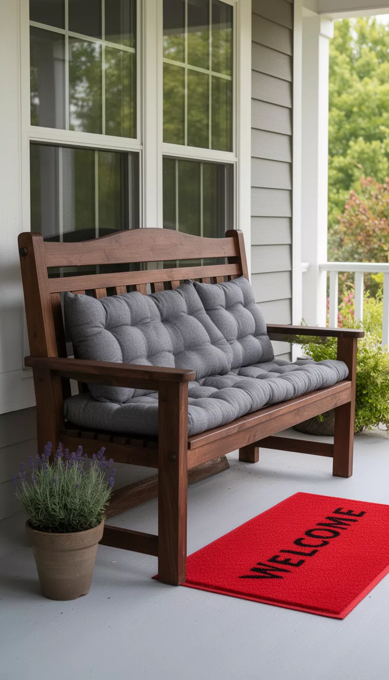 A realistic photo of a typical American home's front porch featuring a dark walnut stained wooden bench with a high back, several gray tufted seat cushions, a small potted lavender plant on one end, and a bright red welcome mat.