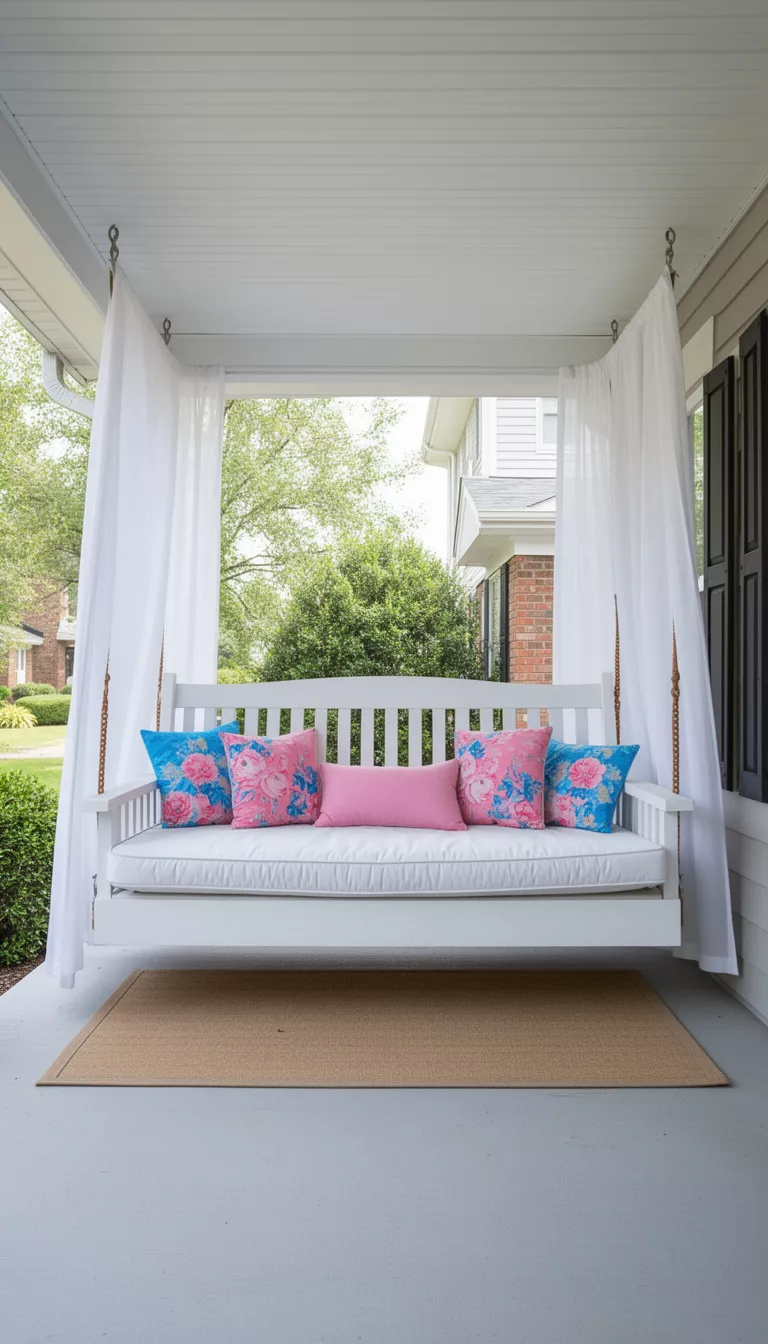 A realistic photo of a typical American home's front porch featuring a large white wooden swing bed with a thick mattress, several pink and blue floral pillows, and sheer white curtains hanging on both sides.