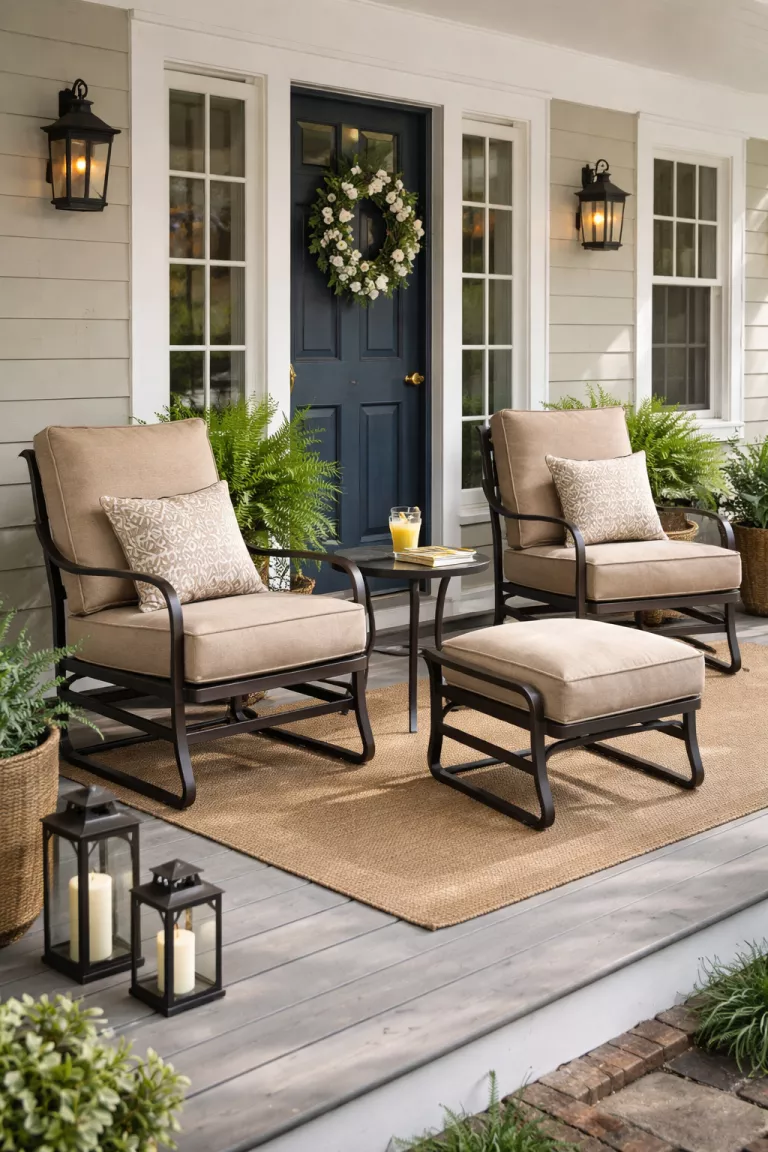 A realistic photo of a typical American home's front porch featuring two bronze metal glider chairs with beige cushions, matching ottomans, and a small side table holding a glass of lemonade and a book.