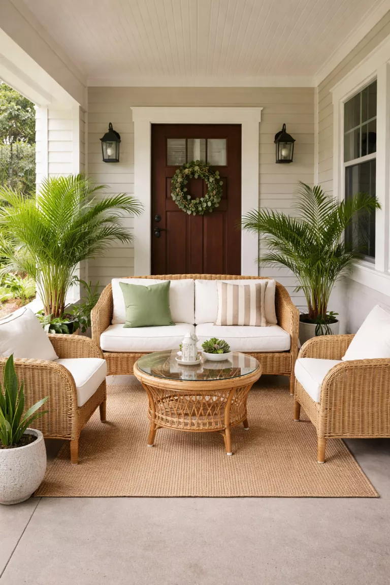 A realistic photo of a typical American home's front porch featuring a light tan rattan loveseat and two matching chairs with white cushions, a small round glass topped rattan coffee table, and several large palm plants in pots.