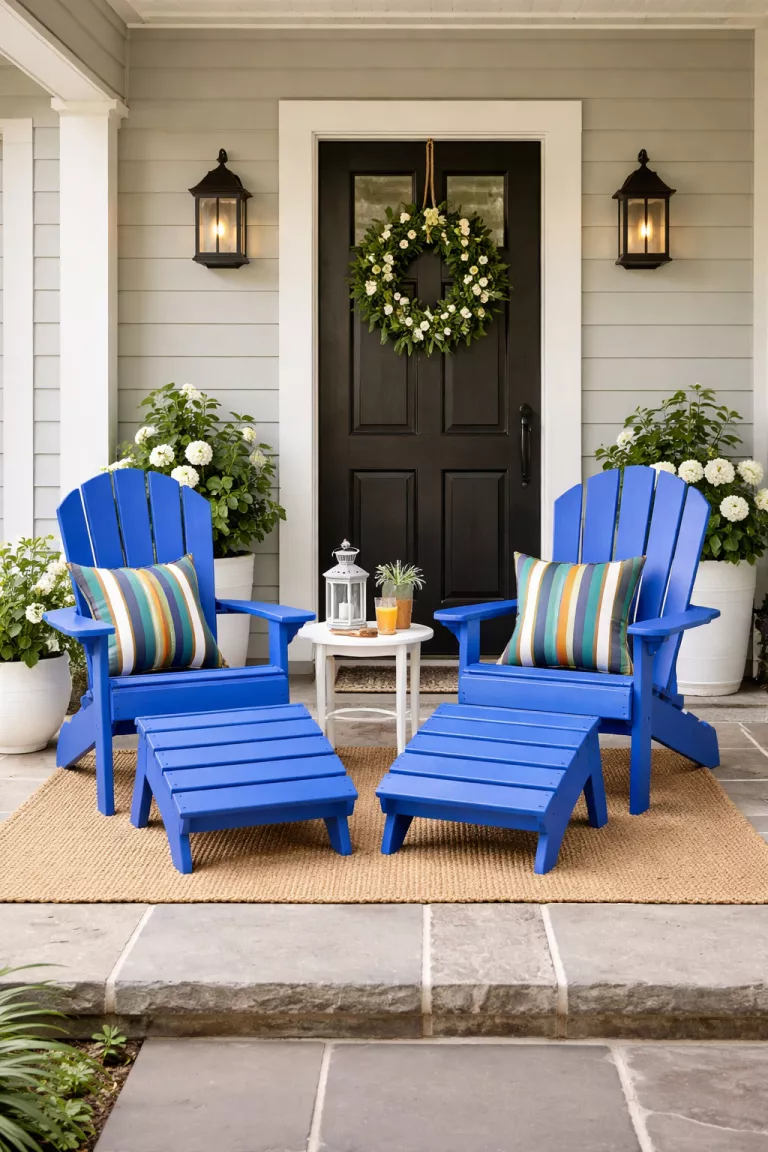 A realistic photo of a typical American home's front porch featuring two bright royal blue Adirondack chairs made of polywood, several striped outdoor throw pillows, and two matching blue footrests.