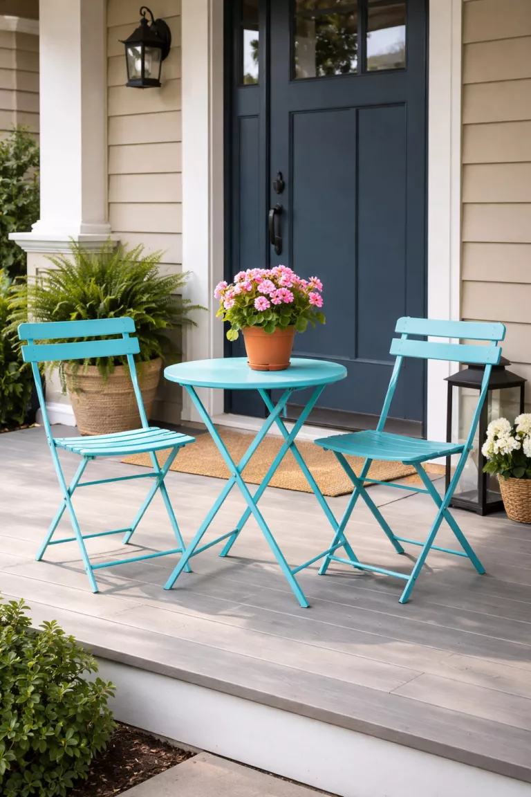 A realistic photo of a typical American home's front porch showing two turquoise metal bistro folding chairs, a small matching round folding table, and a potted pink geranium on the tabletop.